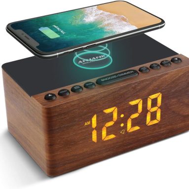 Wooden Alarm Clock w/ Wireless Charger & FM